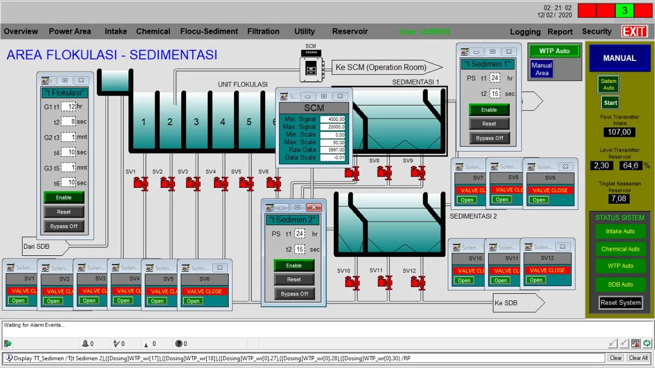Tampilan HMI SCADA area flokulasi dan sedimentasi WTP Tangerang.